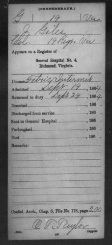 Appears on a Register of General Hospital No. 4 Richmond VA September 19 1864 James Giles 29th VA Page 15