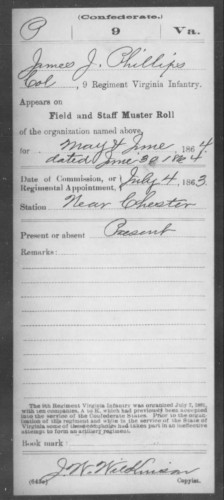 Field and Staff Muster Roll for May and June 1864 James J. Phillips 9th VA Page 18